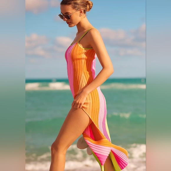 Anthropologie x PQ Swim Piper Colorful Striped Midi Slit Dress - Picture 2 of 3